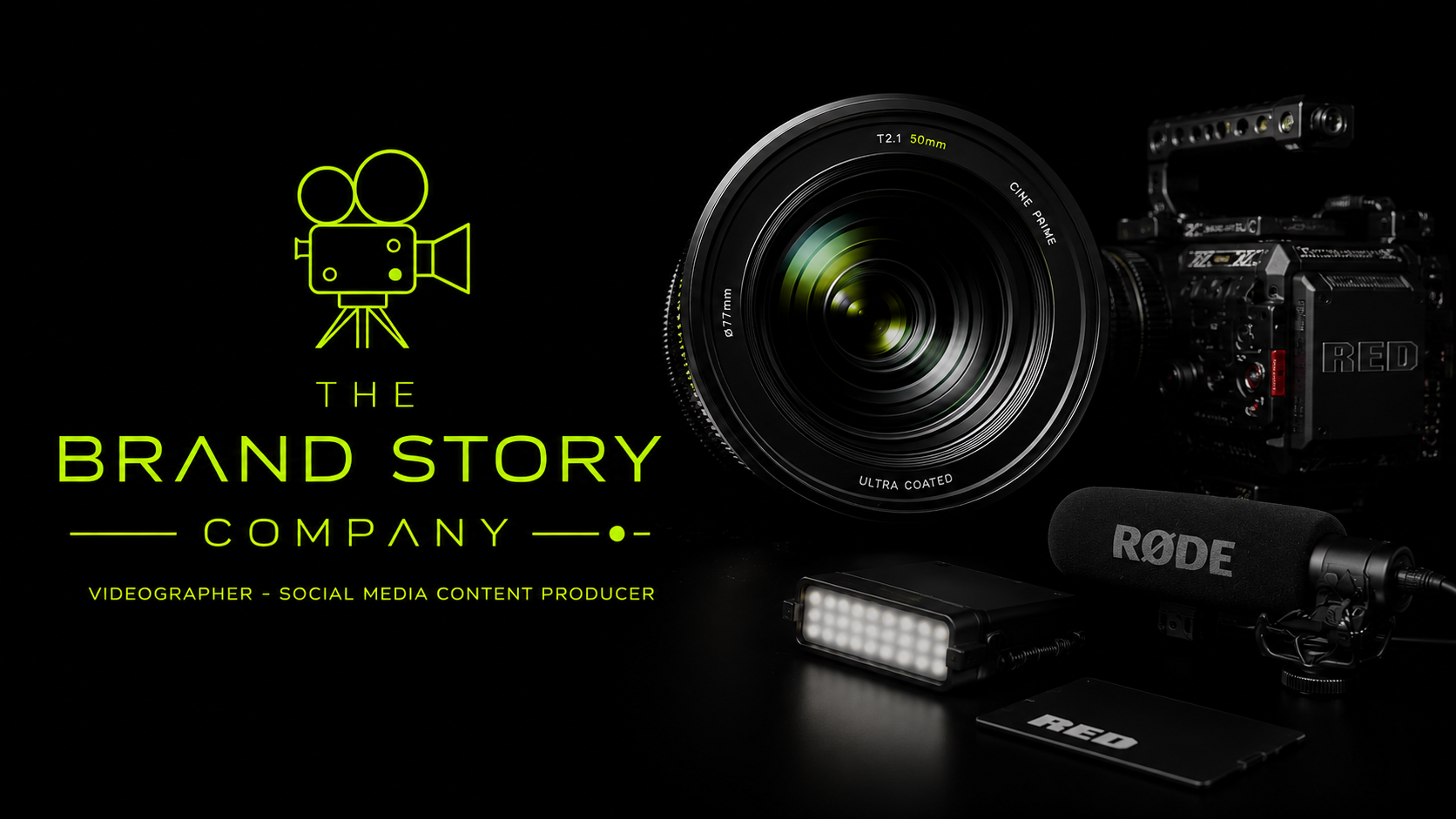 The Brand Story Company — Videographer & Video Production South Africa. RED camera, cine prime lens and RØDE microphone with tagline 'Story is everything.' Founded by Ryan Baker.