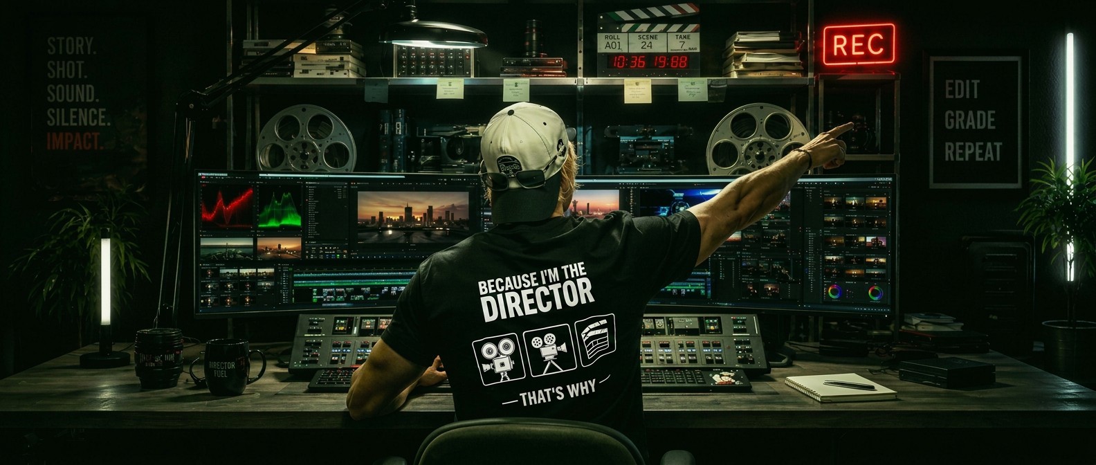 Ryan Baker at the editing suite — The Brand Story Company, videographer and video production company in South Africa. Director's workstation with monitors, film reels and a red REC light.