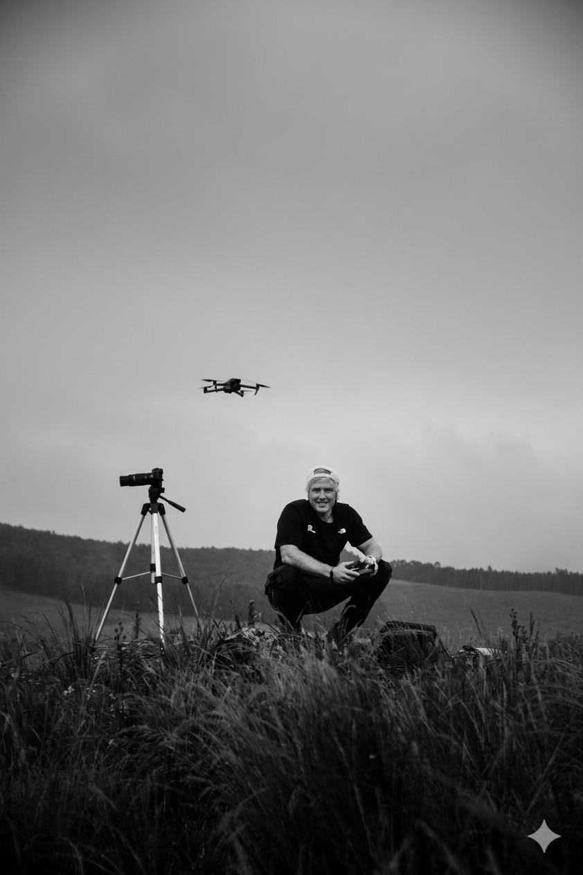 Ryan Baker on location with drone and camera in the South African countryside