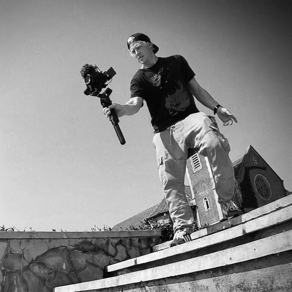 Ryan Baker filming on a gimbal-mounted camera — videographer and content producer, South Africa